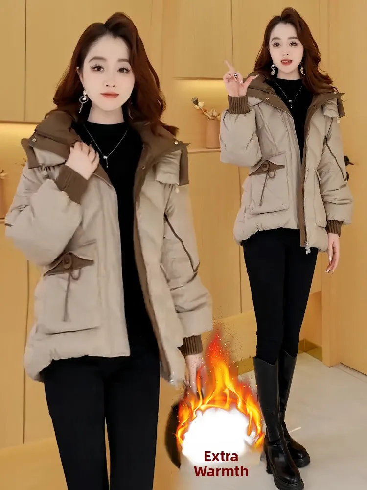 

Faionable Thiened Fce Lined Hooded Long Sve down Jaet Women's Winter Korean Sle ort Outerwear Warm Cotton Coat