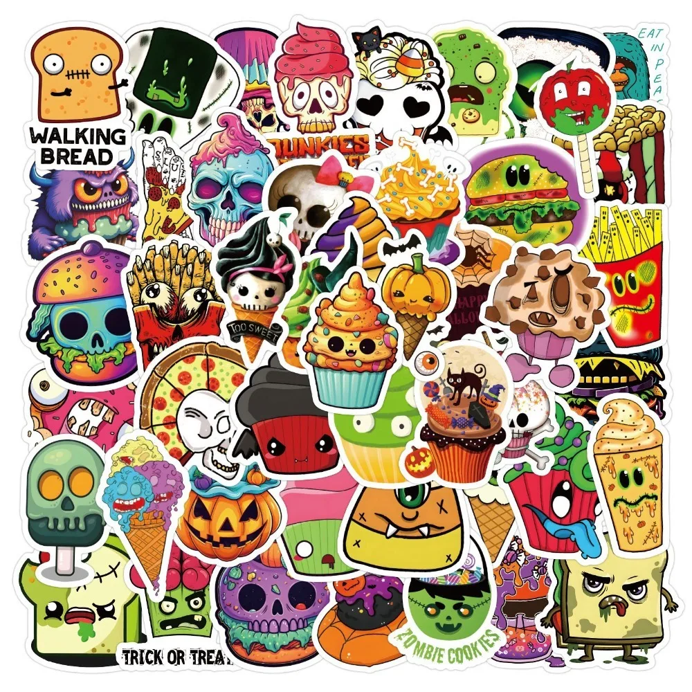 60pcs Halloween Funny Food Series Cartoon Graffiti Stickers Suitcase Water Cup Guitar Scooter Mobile Phone DIY Decoration Decals