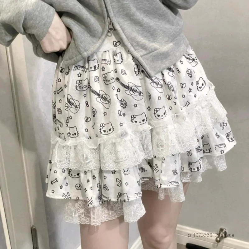 Sanurgente Hello Kitty-Jupe courte en dentelle pour femme, style subculturel, jupes douces esthétiques, demi-jupe Y2K, vêtements vintage, fille épicée