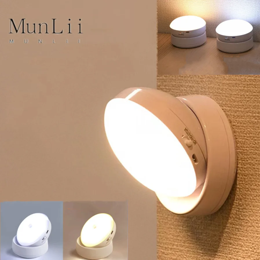 MunLii USB Charging Cabinet Night Lamp LED Night Light Wireless Motion Bedside Table For Bedroom Home Closet Sensor Round Lights