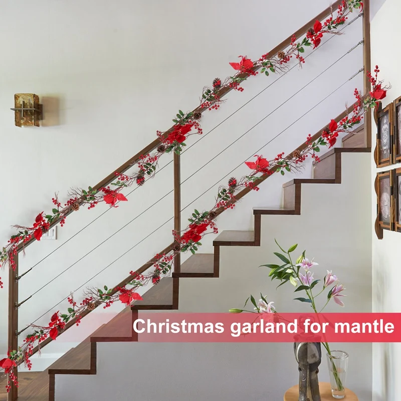 6.3FT Red Berry Christmas Garland, Artificial Poinsettia Garland,Christmas Berry Garland With Pine Cones