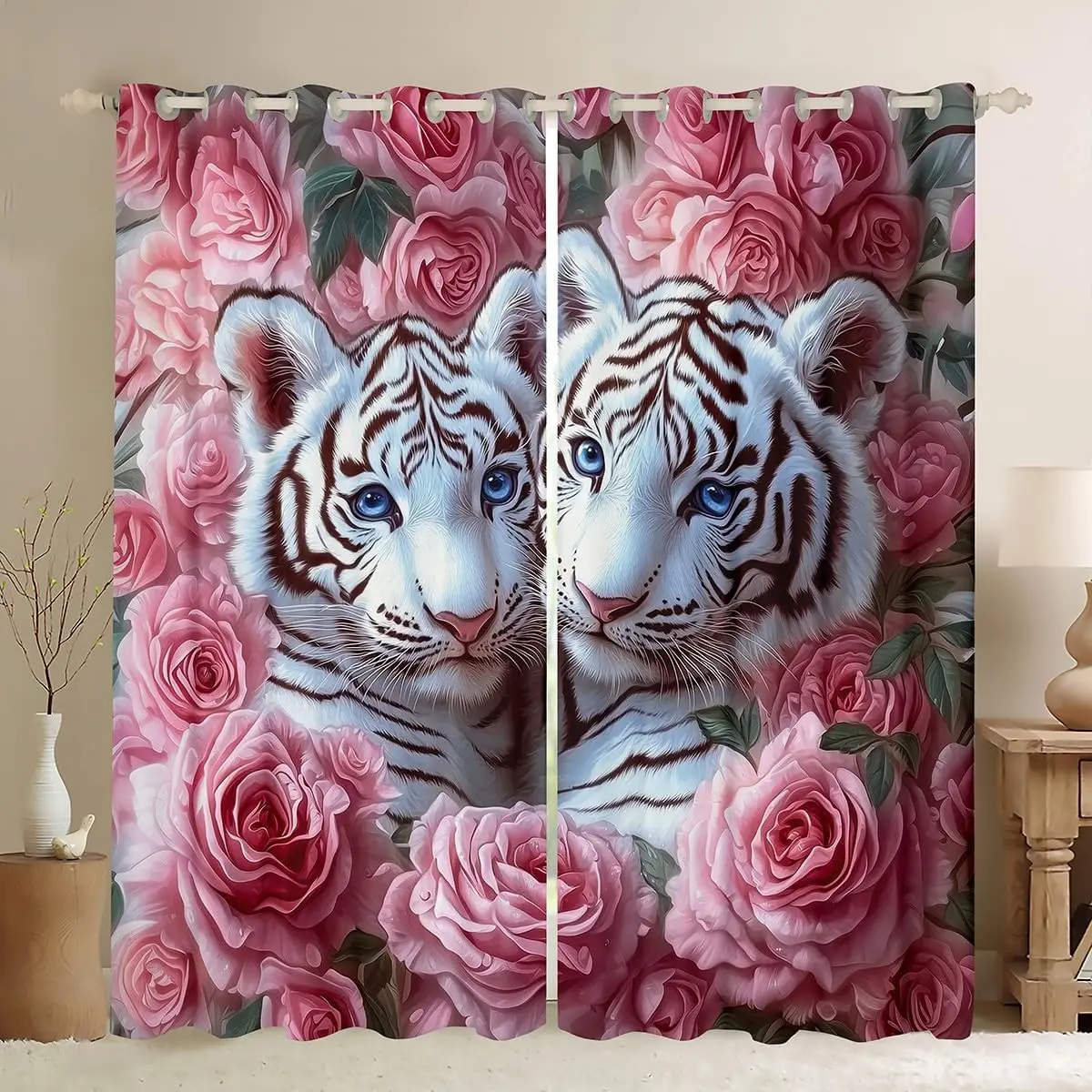 Tiger Window Curtain Romantic Flowers Floral Window Treatments Jungle Wildlife Tiger Curtains & Drapes for Boys Girls Room Decor