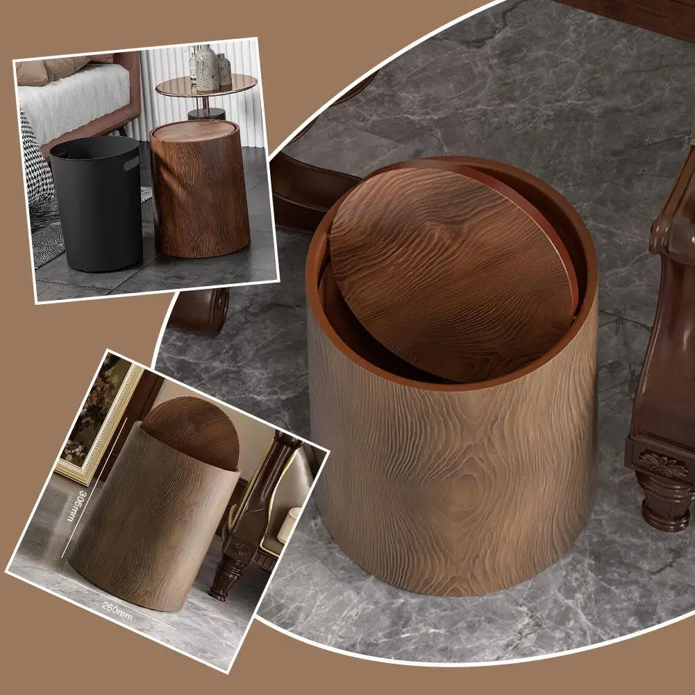 Chinese Style Vintage Imitation Wood Grain Garbage Bin Large Capacity Home Delicacy Dustbin For Living Room Kitchen Bathroo F8H4