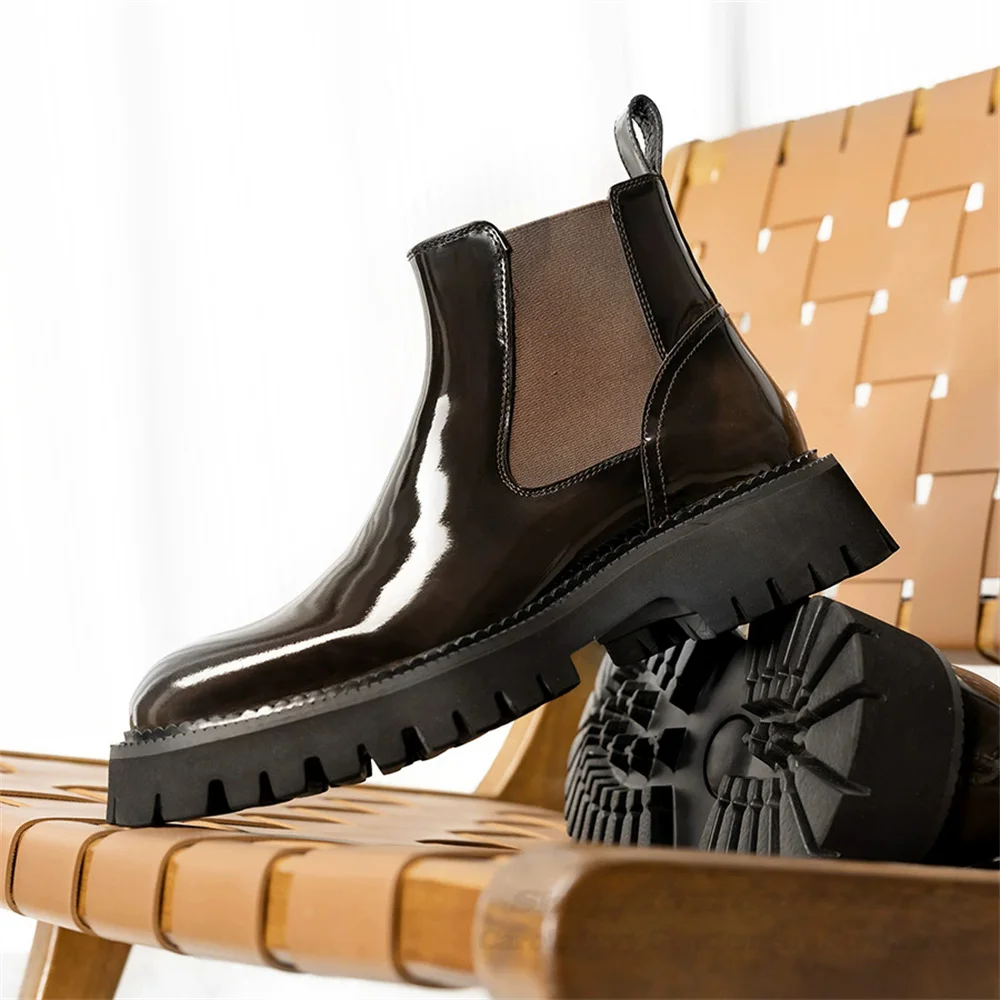 2025 New Men's Chelsea Leather Boots Big Head Thick Soled Trendy Shoes Male Patent Leather Slip On Handmade Elegant Boot
