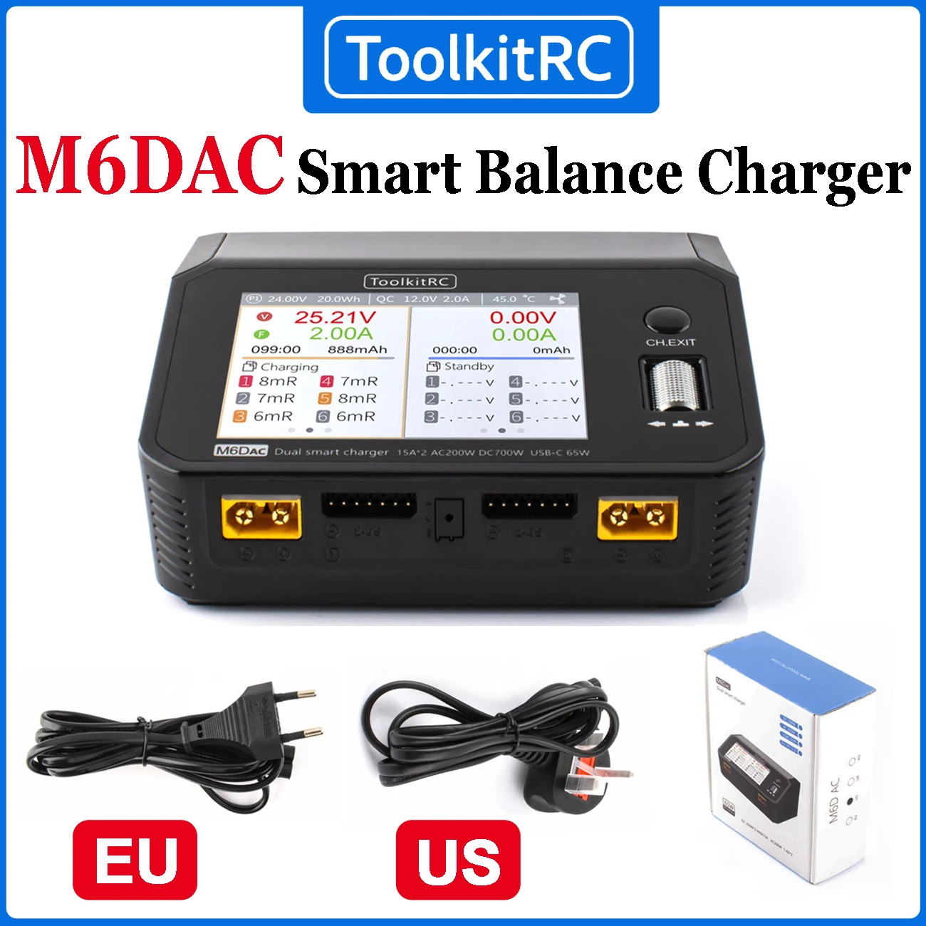 ToolkitRC M6DAC AC 200W DC 700W Smart Balance Charger Discharger 15A*2 Dual Channel for 1-6S Lipo LiHV LiFe Battery RC Drone Car