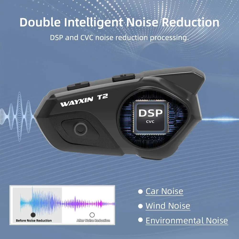 WAYXIN 헬멧 헤드셋 T2 오토바이 블루투스 인터콤, 라이더 2 인 300M 인터커뮤니케이터, 모토 인터폰, BT 5.1 방수 바이커