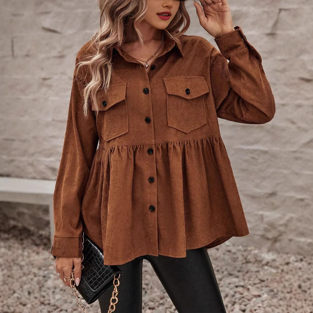 

Women's Brown Corduroy Long Sleeve Shirt Oversized Ruffle Hem Button Front Pocket Casual Fall Winter Blouse