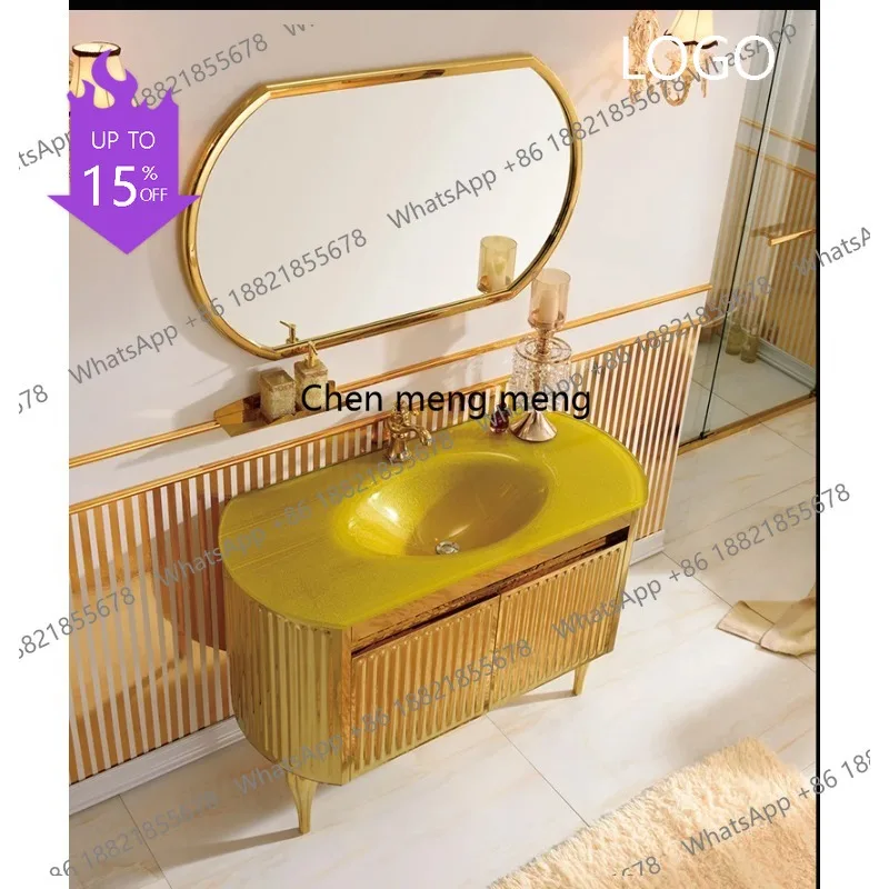 D1089 European style golden hand wash bathroom cabinet combination American bathroom cabinet stainless steel washstand floor was