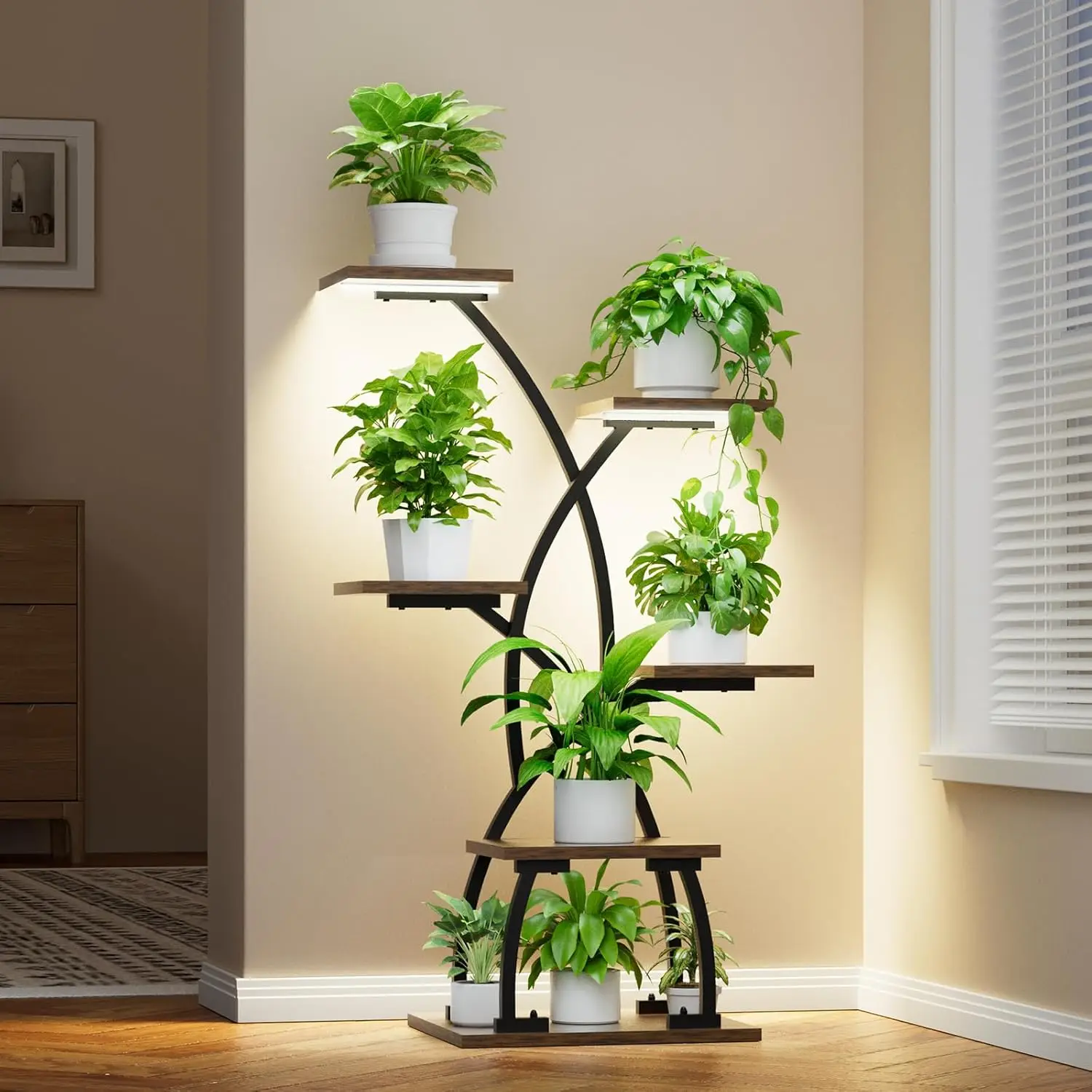 

6-Tier Plant Stand with Grow Lights, Corner Shelf for Indoor Plants, Metal Flower Display Rack for Home Decor