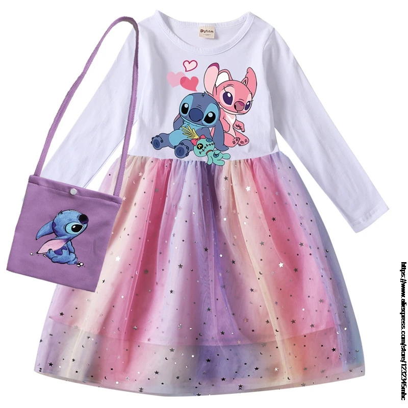 Disney Stitch Girls Long Sleeve Dress And Bag Kids Cosplay Dresses Princess Party Dresse Costume Baby Children Clothing