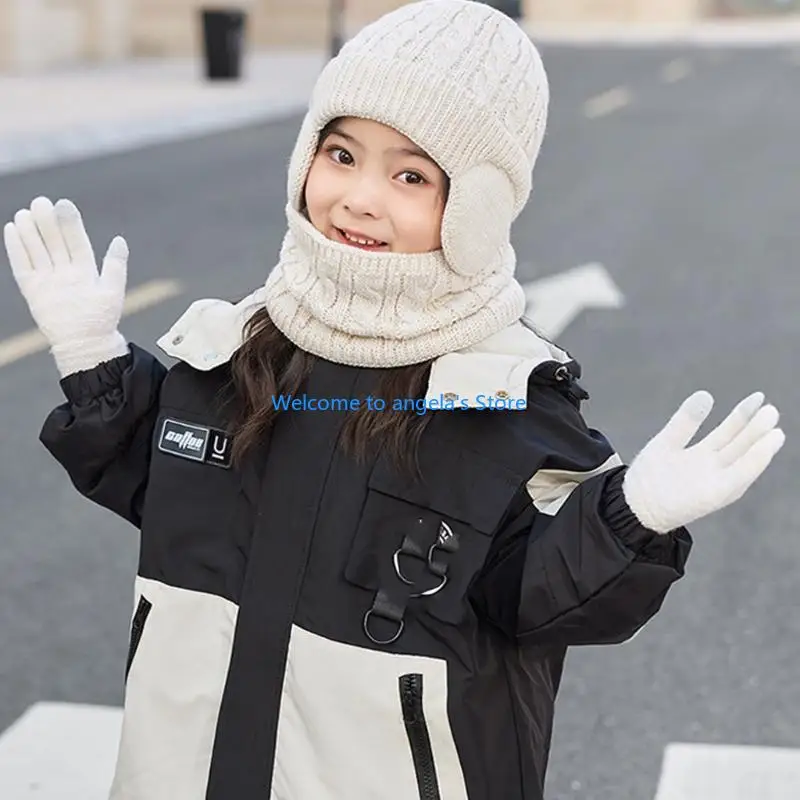 X4YC Trẻ Mùa Đông Mũ Găng Tay Khăn Bộ Bé Gái Thời Trang Bé Trai Với Earflaps Giữ Ấm Cổ Tem Mạc Găng Tay Hở Ngón Ấm