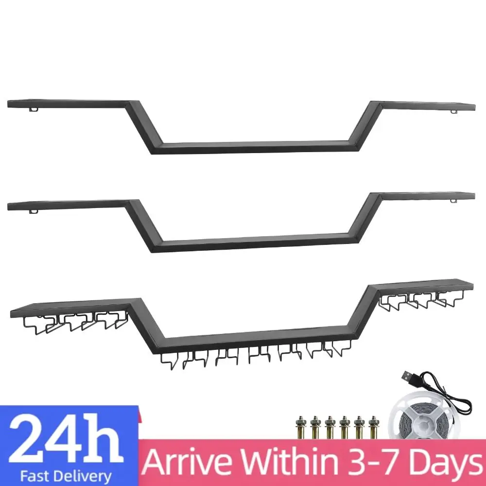 

Настенная винная полка 47/55 дюймов с LED-подсветкой и крючками для бокалов, 3-ярусная, для домашнего бара