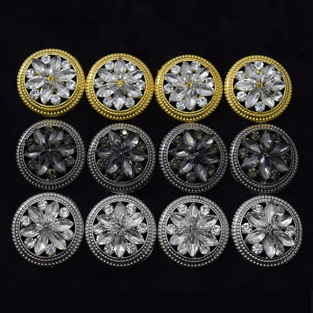 10Pcs/Lot 24*24mm Retro Fashion Luxury Diamond Metal Buttons Black Gold Silver for Shirts Clothing Jackets Rhinestone Buttons