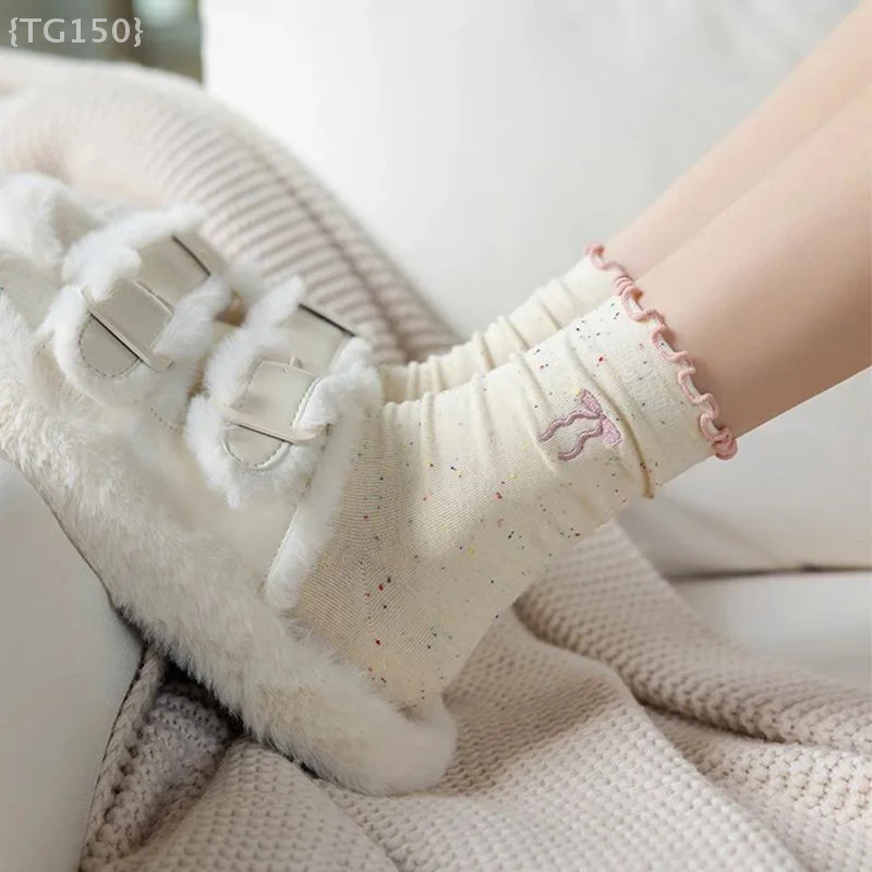 Calzini ricamati con orecchie in legno da donna (5 pezzi) - Design a pois in chiffon a metà polpaccio per abbigliamento da studente