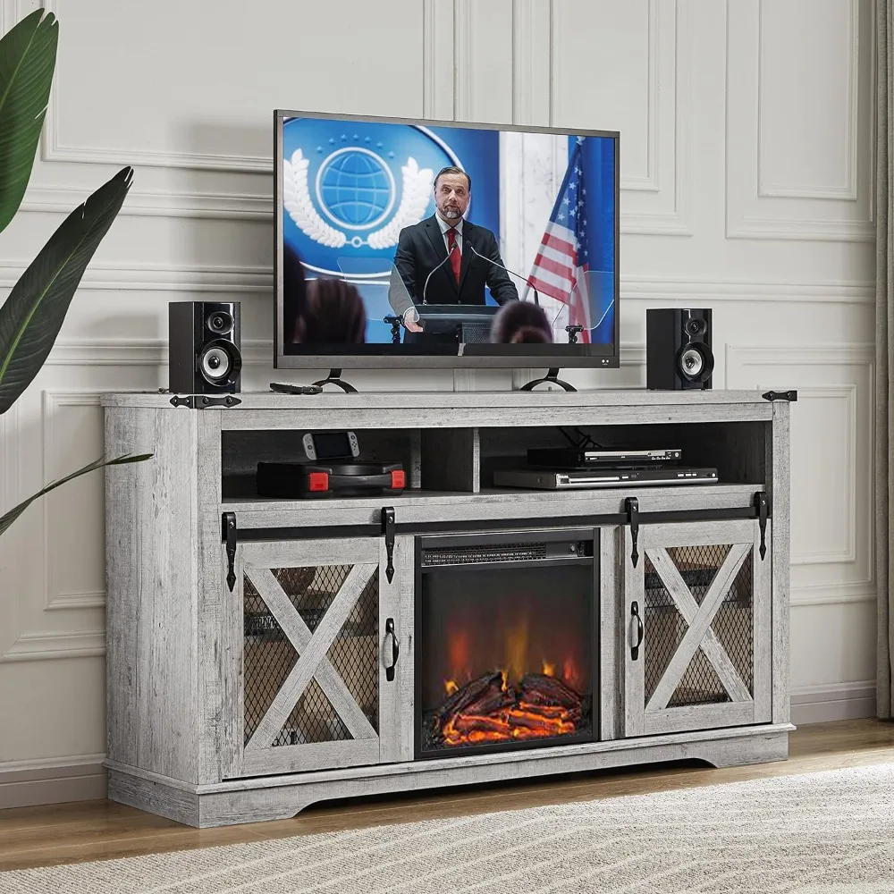 Soporte de TV para chimenea, centro de entretenimiento con chimenea eléctrica de 18 pulgadas, 58 pulgadas, roble blanco, chimenea doméstica