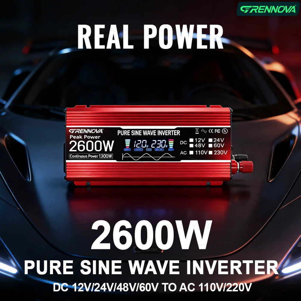 

500W-2600W Peak Pure Sine Wave Inverter Real 400W-1300W Continuous DC 12-60V To AC 110V 220V Powers Fridge Drill & Camping Gear