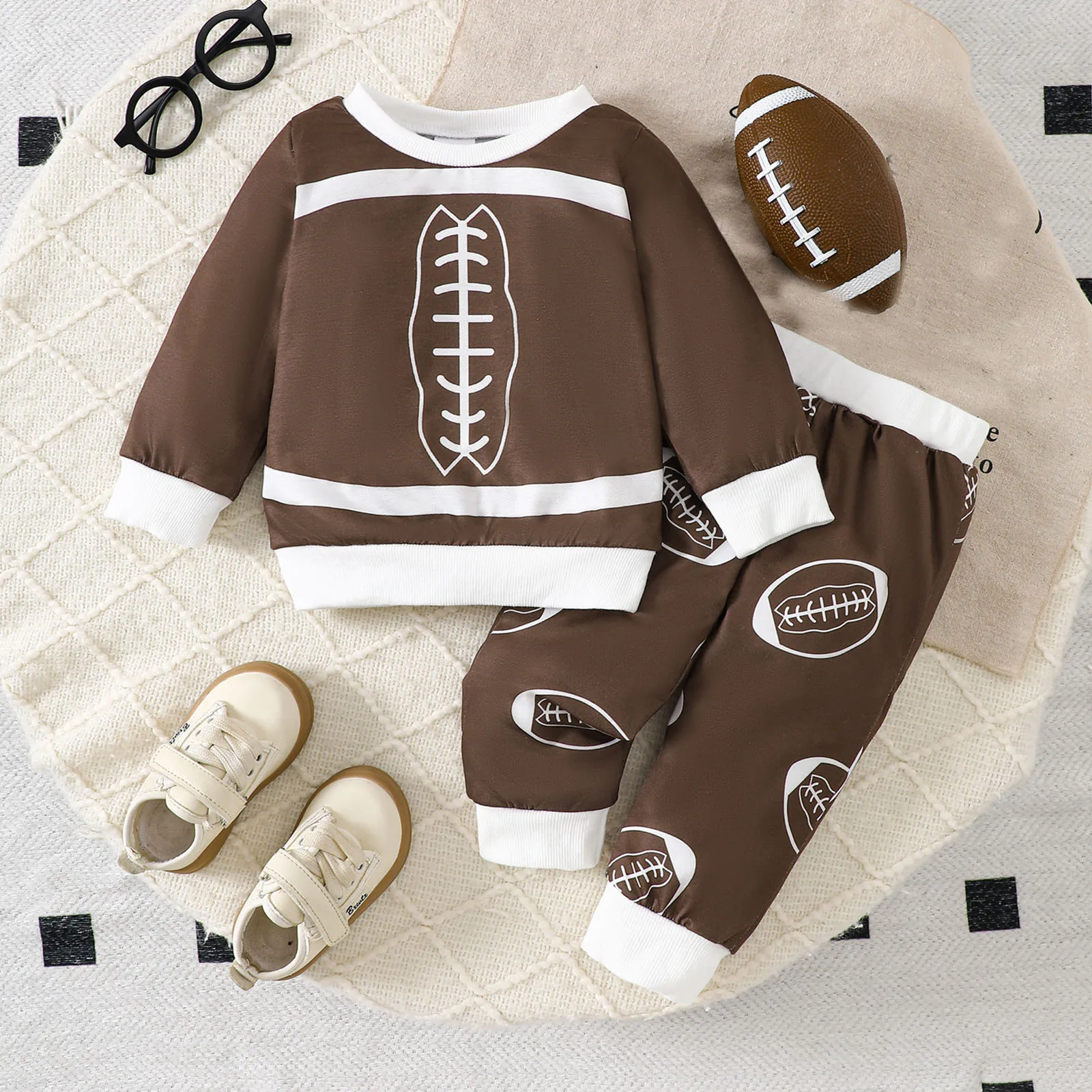 Bebê levar para casa roupas meninos conjunto confortável e respirável com rugby impresso calças de manga longa bebê menina manga longa macacão