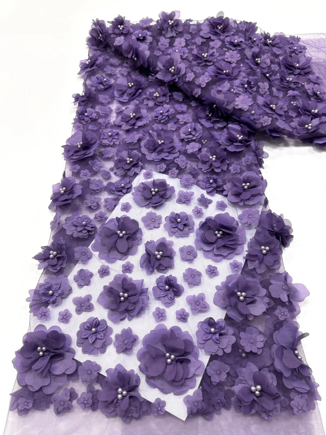 

France Luxury 3D Flower Embroidery Lace Fabric 2026 Africa Nigeria Sequin Beaded Lace Fabric for Bridal Wedding Dress Sewing