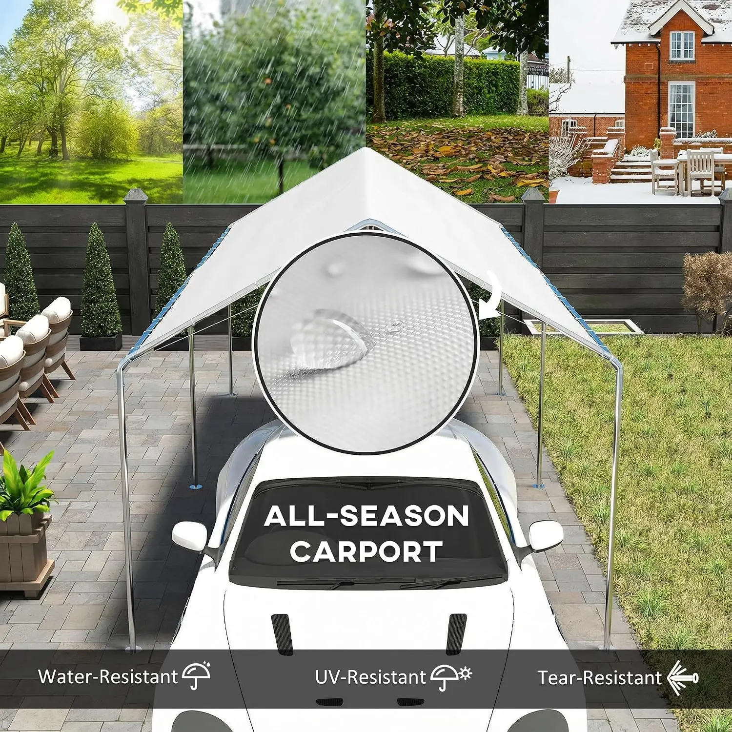 10x20 FT Heavy Duty Galvanized Steel Carport Canopy 1.5 In Frame 3 Reinforced Steel Cables Ground Anchor Kit Backyard Vehicle Boat Party Tent