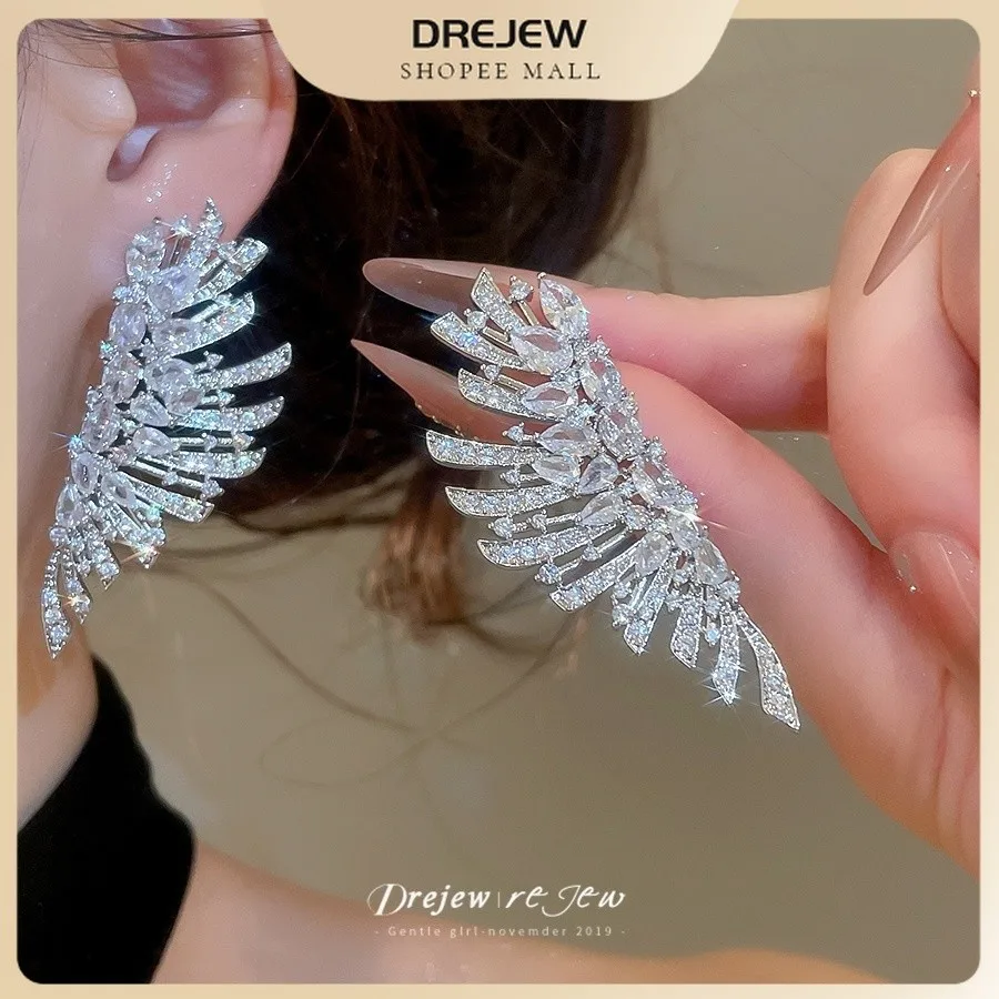 DREJEW Dangle Earring Wing Shape Full Inlaid Stone Design Hook Earring for Women Daily Dating Party Occasion Wear