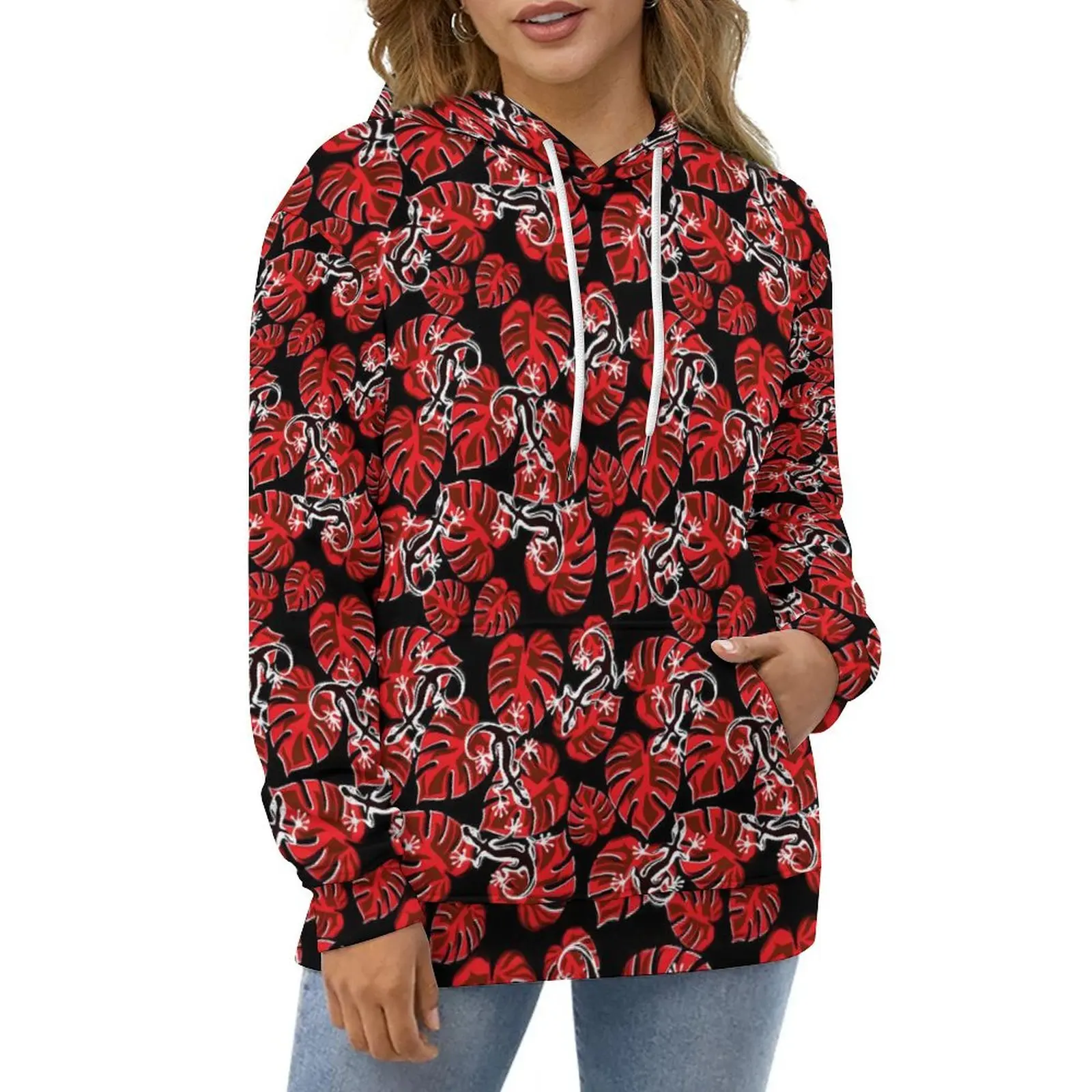 

Red Leaf Casual Hoodies Palm Print Kawaii Design Loose Hoodie Autumn Long Sleeve Korean Fashion Oversize Tops