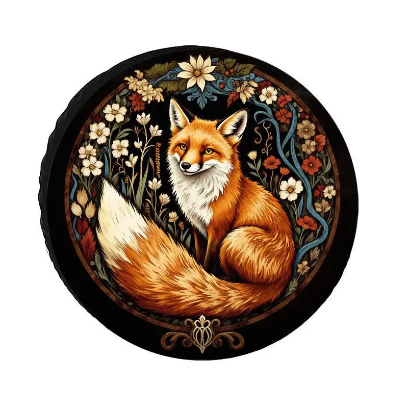 Artistic Aesthetic Fox Floral Pattern Tire Cover, Sunproof Dustproof Wear-Resistant Polyester Spare Tire Cover, Suitable For Var