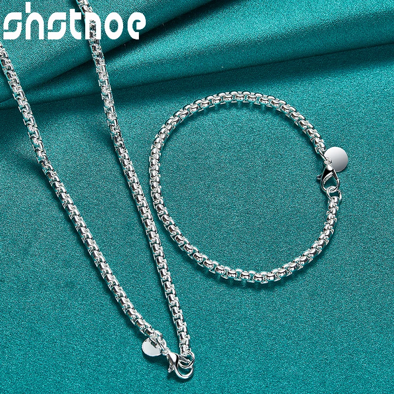 

SHSTONE 2pcs 925 Sterling Silver 4mm Wide Chain Necklace Bracelets Fine Jewelry Sets For Woman Men Wedding Party Christmas Gifts