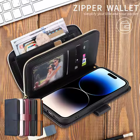 Zipper Strap Leather Wallet Case Kickstand Flip Case For Samsung A55 A35 A56 A15 5G S25 Ultra S24 S23 S22 S21 Plus Phone Cover
