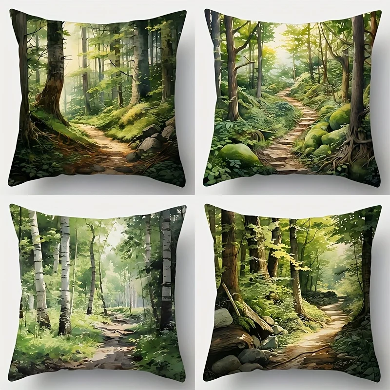 4Pcs Birch Tree Cushion Covers 45x45cm Double Sided Print Pillow Cases Woodland Trail Scenic Decor Decorative Pillowcase No Core