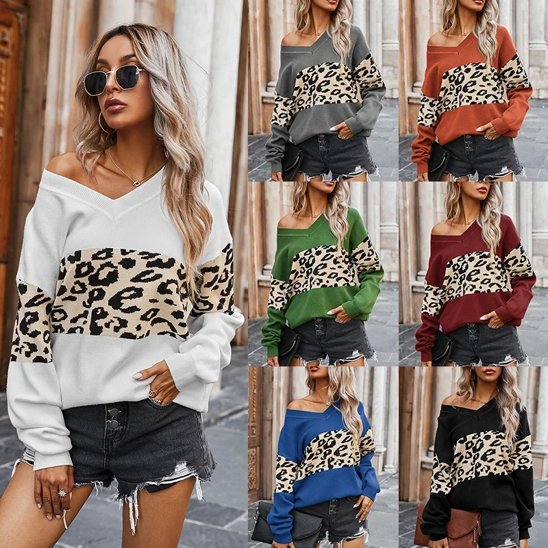 Women's Clothing Autumn And Winter New Products Simple V-Neck Color Matching Leopard Print Sweater Women's Fashion Trend