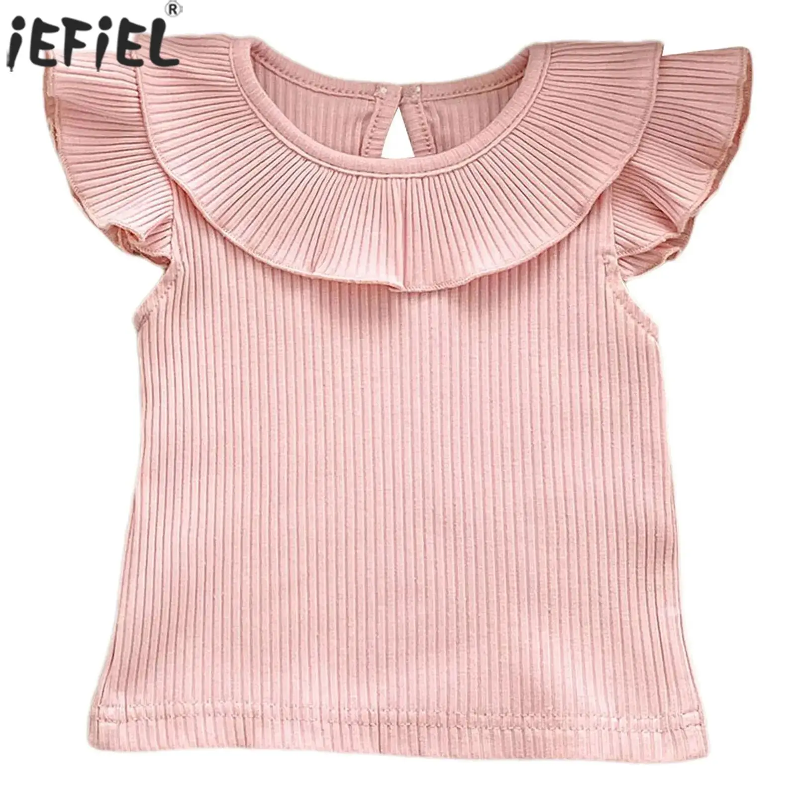 

Infant Baby Girls Summer Rib Knit Tops Ruffle Flying Sleeve T-shirt Solid Color Blouse Top Toddler Kid Casual Clothes Daily Wear