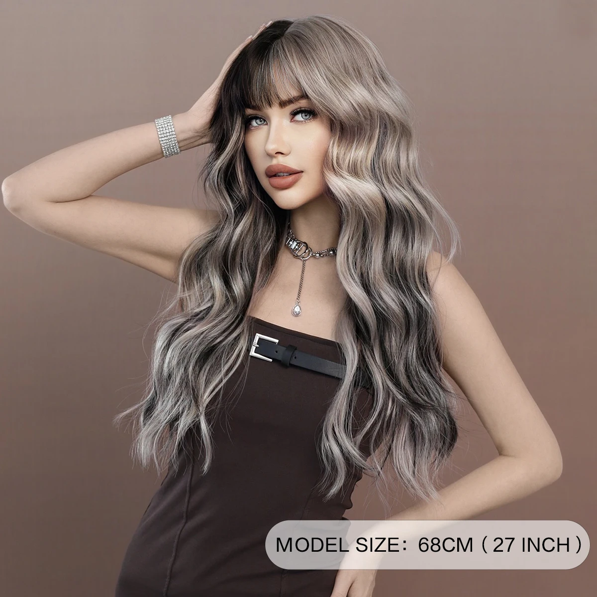 PARK YUN Long Body Wavy Silver Ash Hair Wig with Bangs for Women Daily Party High Density Hair Ombre Wigs Heat Resistant Fiber