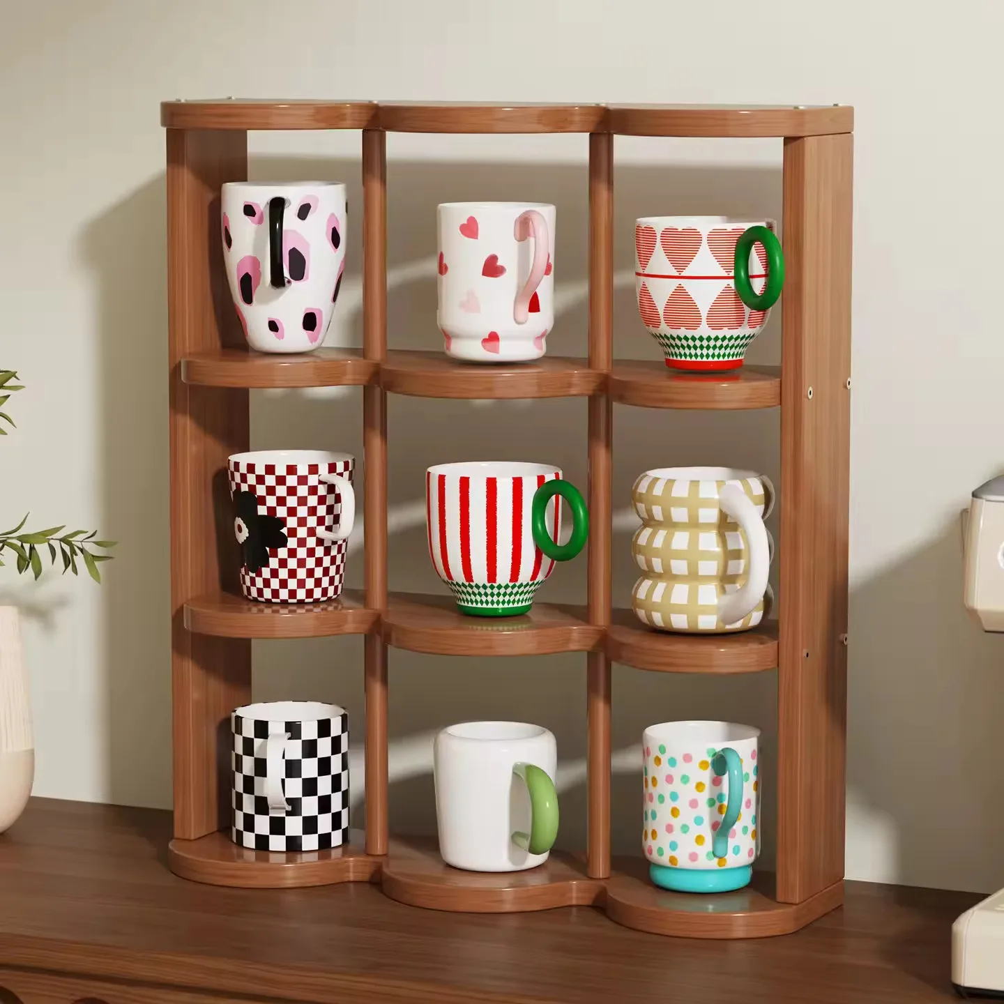 

Nine-grid multi-layer storage rack desktop wooden cup holder household office kitchen supplies