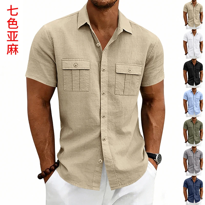 

2026 Summer Men's Linen Workwear Short Sleeve Shirt, Multi-pocket Loose Fit, Breathable for Outdoor Commute Casual Wholesale