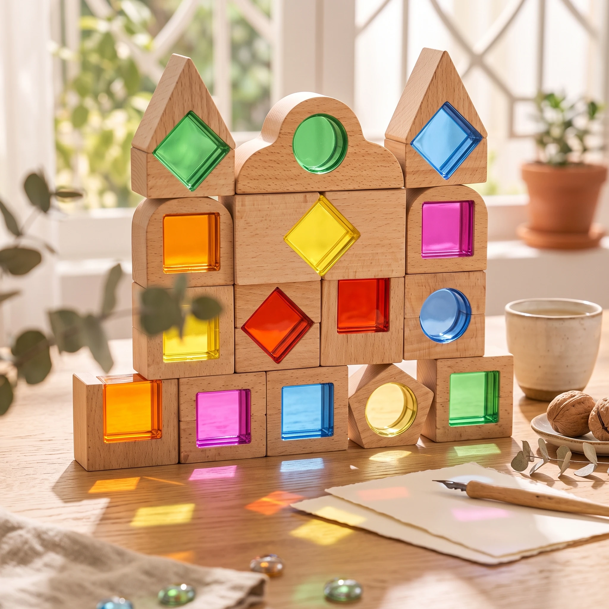 Wooden Building Toy with Acrylic Inserts Stackable Geometric Blocks with Acrylic Stacking Toy Hand-Eye Coordination for Toddlers