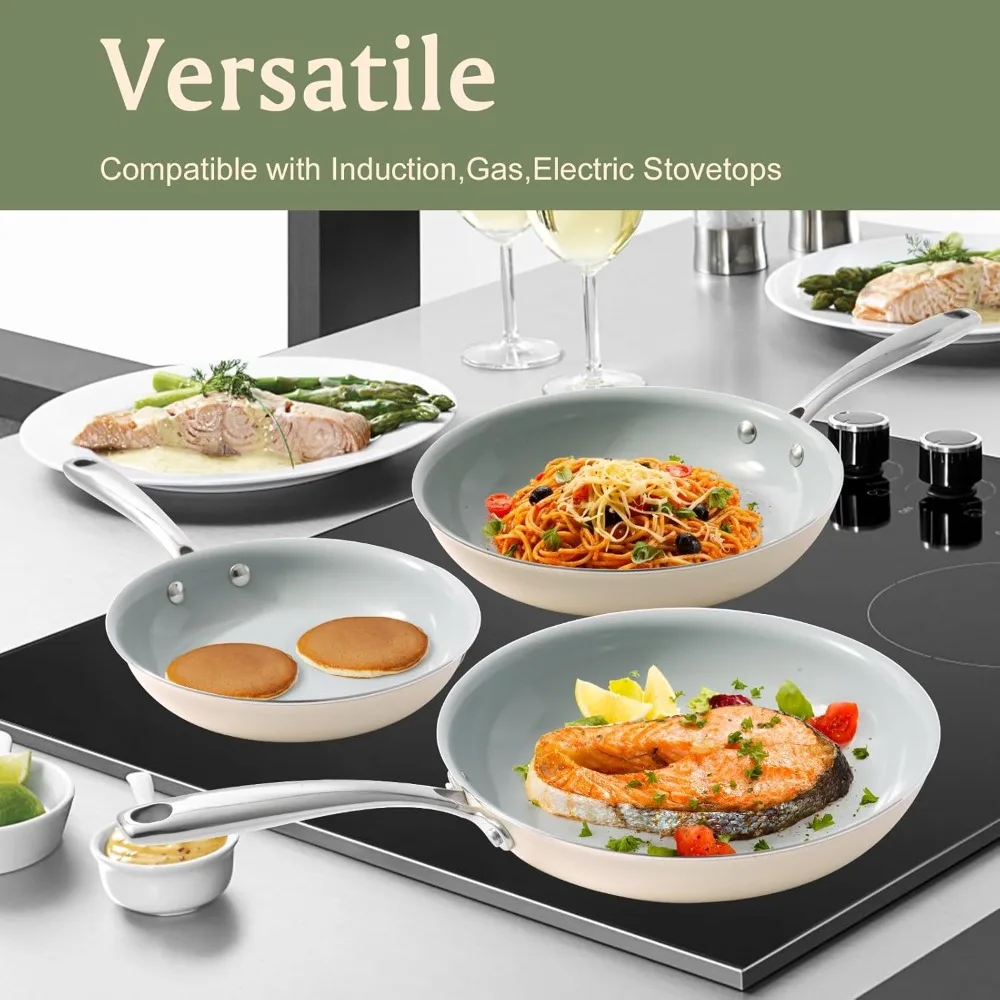 

Cookware Ceramic Nonstick Frying Pans: 3Pieces Non Stick Skillet 8 9.5 11 Inches - Healthy Egg Fry Pans - Free of
