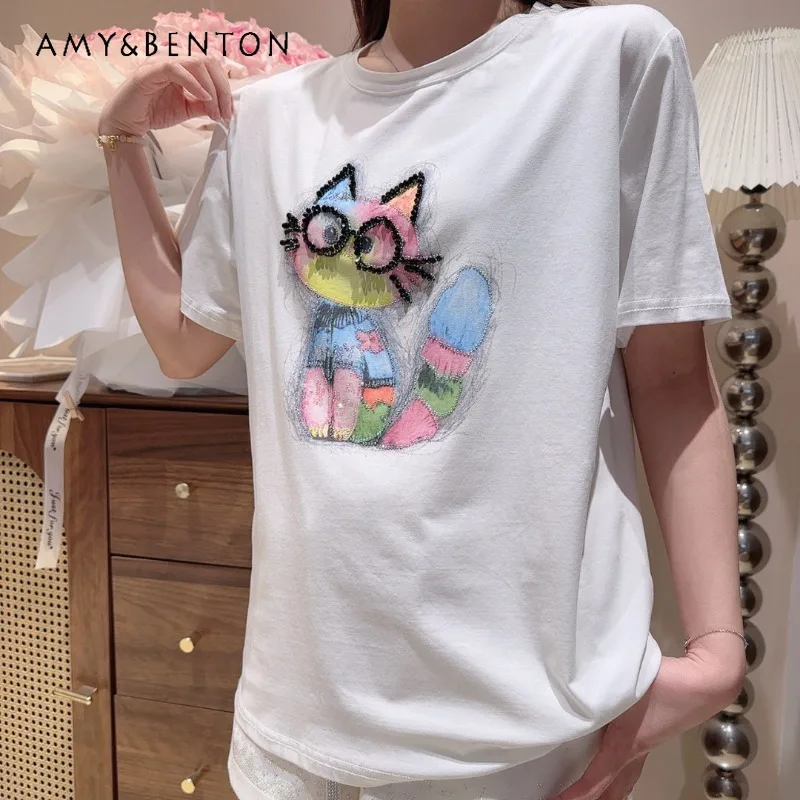 

2026 Spring Summer Premium Beaded Rhinestone Cat Short-sleeves T-shirts Women's Loose Fit Casual Versatile Sweet Cute Top Tees