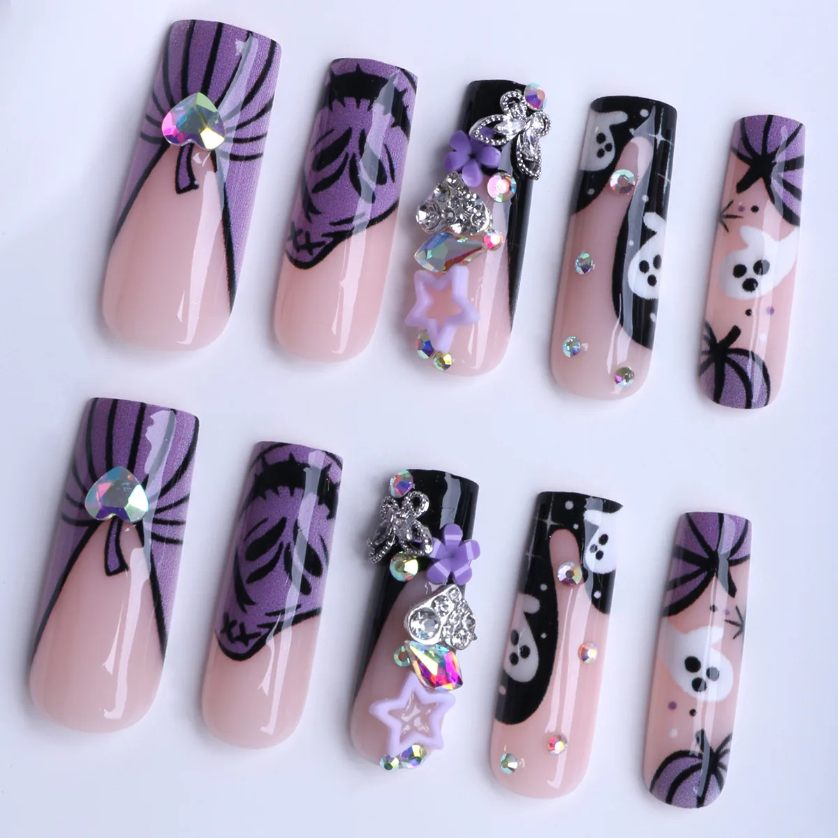 24개 할로윈 관 모양 가짜 손톱 보라색 유령 호박 프렌치 스타일 인조 손톱 라인스톤 나비 별 장식 Y2k 프레스온 네일