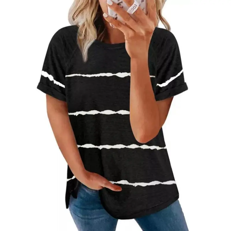 Women\'s Summer Casual T-shirt Stripe Short Sleeve Lady Fashion Loose Fit Blouses Top