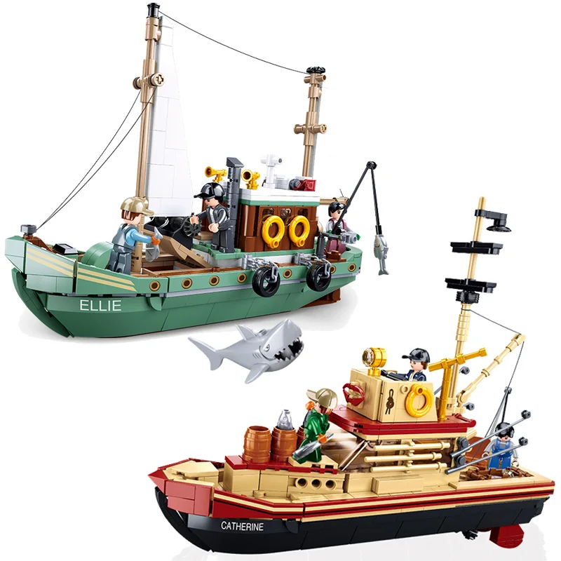 New Sluban Fishing Boat Building Blocks Bricks Ship Fisherman Action Figures Fish Store White Shark Moc Diy Model Toys Kids Gift