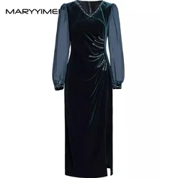 MARYYIMEI Fashion design Women's Straight Dress V-Neck Long Sleeved High waist Beading Slim-Fit Hip Wrap L-5XL Dresses