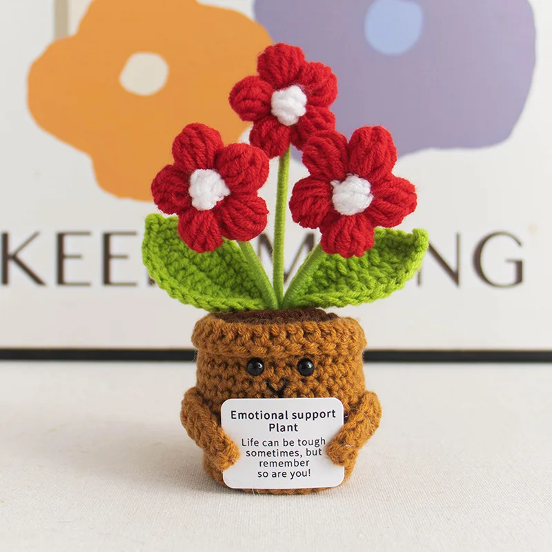 Handmade Crochet Peony Potted Plant with Encouragement Card, Plush Toy, Knitted Flower Pot Desk Home Office Decor Gift