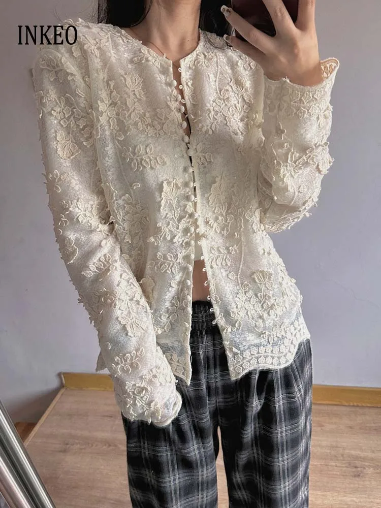 

Sexy See-through Women Lace shirt 2025 Spring summer Luxury O-neck Floral embroidery blouse Loose tops Beige INKEO 5T046