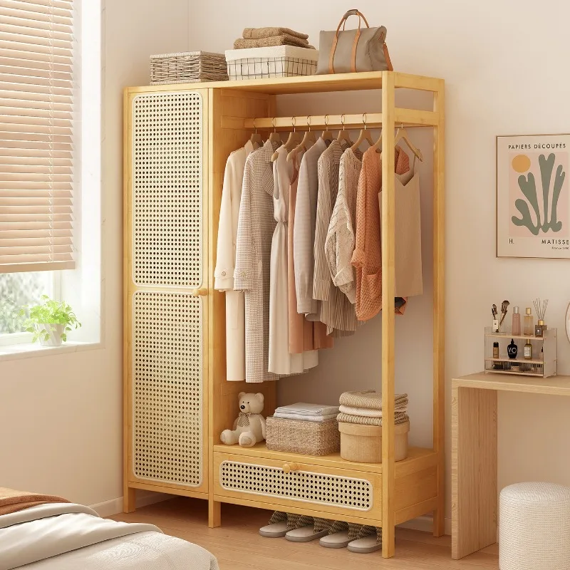 Nordic simple wardrobe, floor-to-ceiling coat rack rattan wardrobe, household bedroom four-season sorting and storage hanger