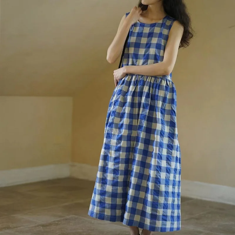 

Summer New Faionable Plaid Loose Slimming Svel Dr Holiday Skirt High Waist Dr Commute Sle Long Dr