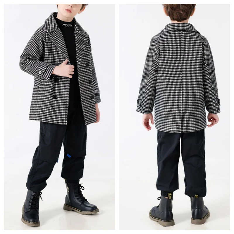 Houndstooth Vintage Double-Breasted Formal Long Coat Jacket for Children Wedding Attire Suitable for Kids