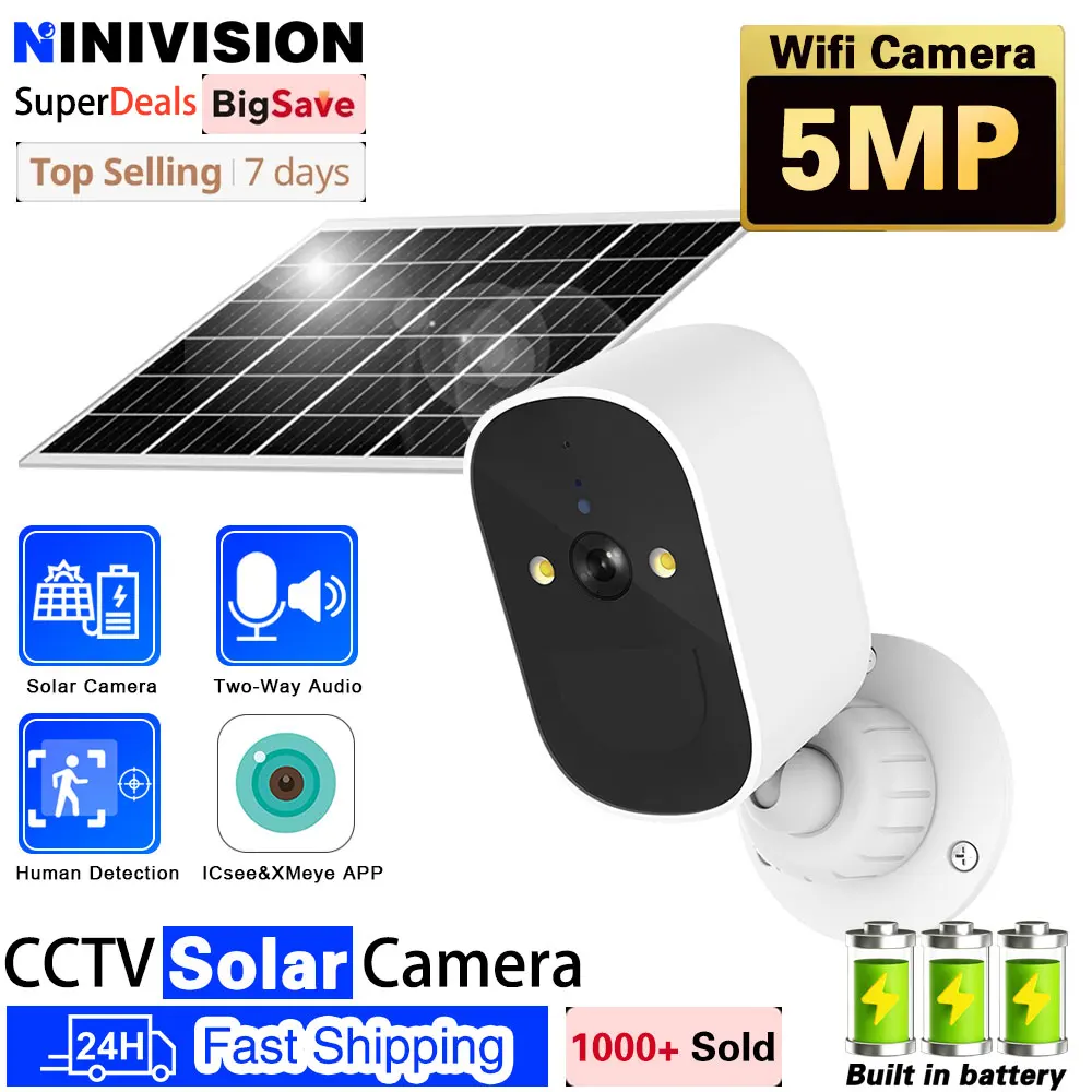 

5MP Wifi Solar Camera Outdoor Two-Way Audio Human Detection Night Vision IP Camera Solar Panel Battery Recharge iCSee Xmeye APP