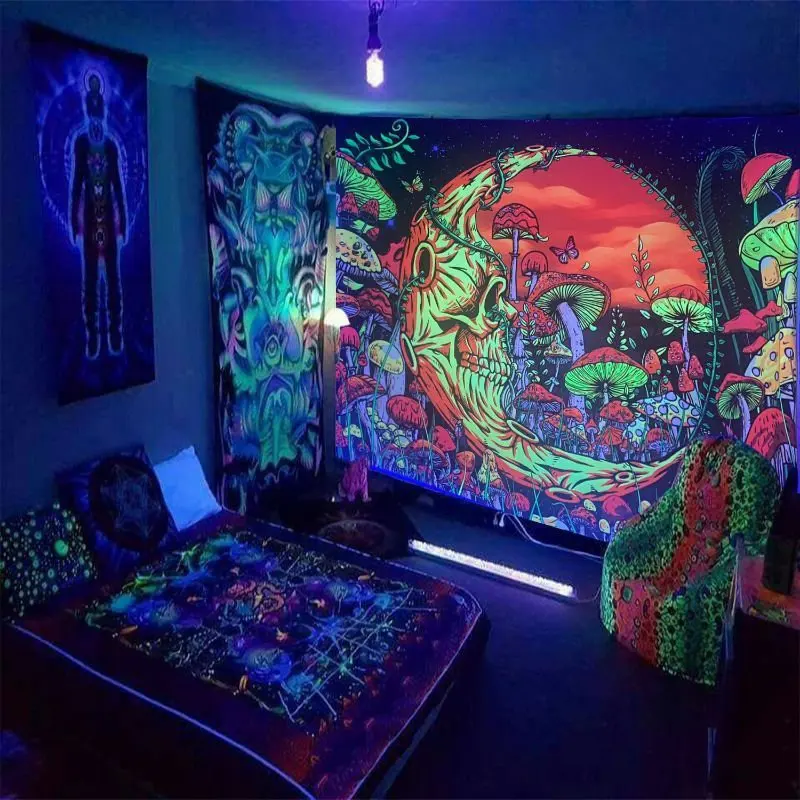 VIKAMA Blacklight Mushroom Skull Tapestry Wall Hanging Giant Skeleton Forest Red Sky Trippy Psychedelic Aesthetic Decor