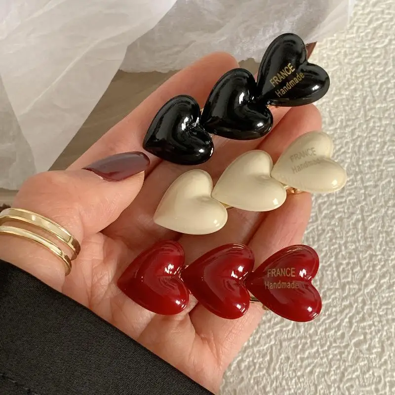Vintage melocotón corazón pico de pato Clip tres pequeños corazones peinado niñas horquillas vino rojo DIY accesorios para el cabello para mujeres niñas