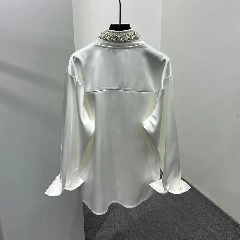 Men's 2025 Spring New Trendy Personality Pearl Rhinestone Stand Collar Top Male Pearl Satin V-neck Shirts Men's Niche Chic Shirt